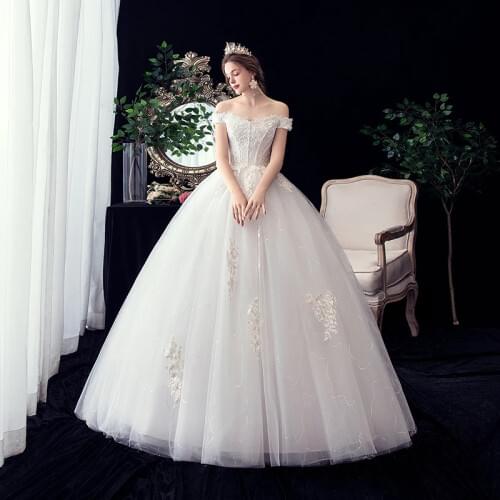 New Arrive Boat neck Ivory Simple embroidery applique Off the shoulder Princess Gowns Lace Wedding Dresses vestido De Noiva