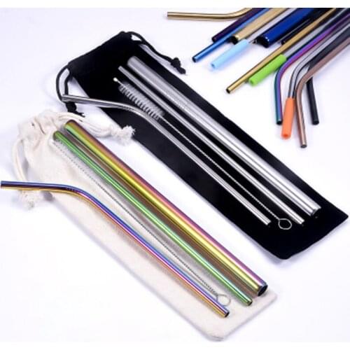 Reusable 304 Stainless Steel Straws traight Bent Drinking Straw With Case Cleaning Brush Set Party Bar Accessories