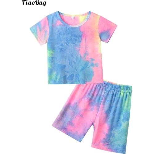 Summer 2pcs Kids Girls Tie Dye Print Casual Suit Round Neck Short Sleeves T-Shirt Shorts Set For Running Exercise Sport Fitness