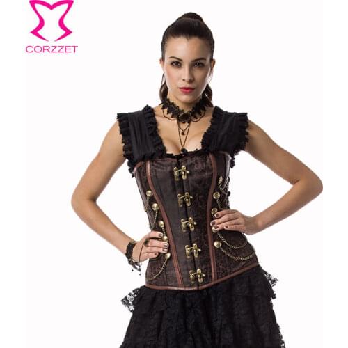 Corzzet Vintage Brown Jacquard Steel Boned Leather Harness Steampunk Corsets And Bustiers Waist slimming Corpetes Gothic Korse