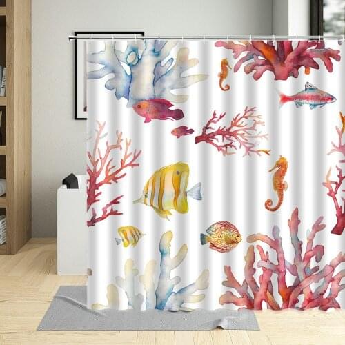 Water Color Coral Fish Seabed Plant Illustration Decor Bathroom Curtains Waterproof Polyester Fabric Shower Curtain With Hooks
