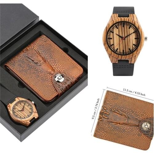 Stylish Wallet Wood Watch Set Brown Stripes Mens Wooden Quartz Watches Unique Timepieces Purse Gifts for Him New Arrival 2019