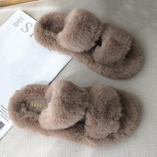 New hot sale slippers plush slippers Womens plush slippers faux fur flat-bottomed home slippers luxury casual shoes ladies
