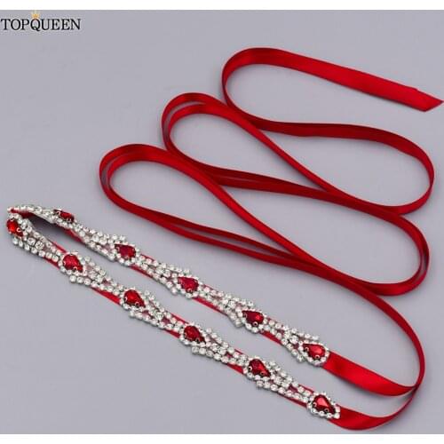 TOPQUEEN S31 Luxury Wedding Dress Belts with Red Rhinestones and Crystal Thin Sparkly Belt Diamond Sash Belt Women Jewel Belts