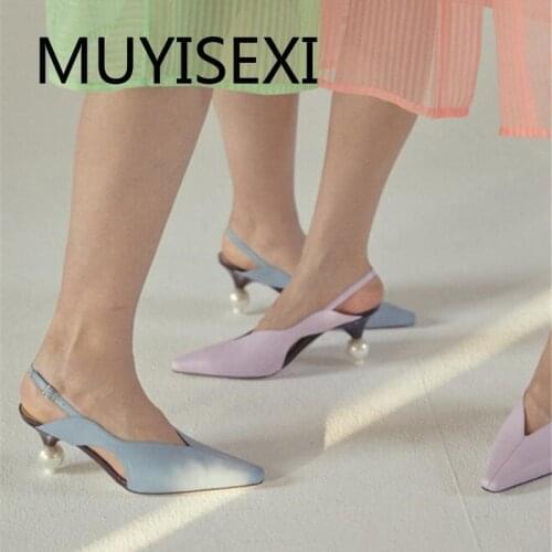 Pumps slingbacks 7cm high thin pearl heel square toe buckle strap sweet girl dating party cozy fashion pumps HL233 MUYISEXI