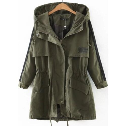 Drawstring Autumn Womens Windbreaker Hooded Trench Army Green/Black Colors Leisure Zipper sports Trench Fashion Loose Outerwear