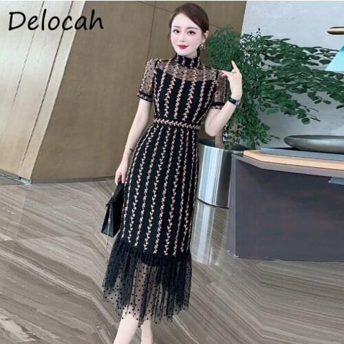 Delocah New 2021 Summer Women Fashion Runway Mermaid Dress Short Sleeve Gorgeous Embroidery Elegant Printed Ladies Mesh Dresses