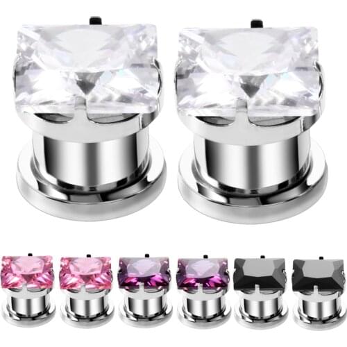 2pcs/lot Steel Colorful Square Zircon Ear Flesh Plugs Piercing Screw Fit Ear Tunnel Stretcher Expander For Unisex Jewelry 4-10mm