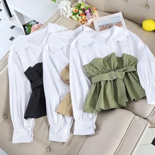 Blouse Women Fall V-neck Loose Long Sleeve Stitching Faux Two-Piece Set Shirt Top for Women Blusas Mujer De Moda