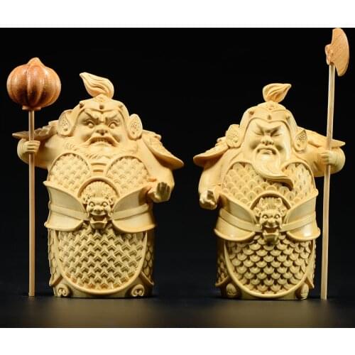 Leaflet Boxwood Craft Two Guardians Ham and Ha Ornaments Solid Wood Carving Left and Right Protection Handle Redwood Home Crafts