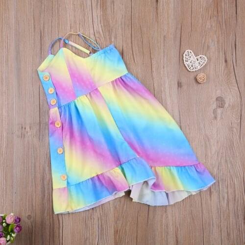 Girl Kids Summer Dress Sleeveless Rainbow Printing Button Adjustable Spaghetti Straps Dresses Girls Beach Dresses Sundress