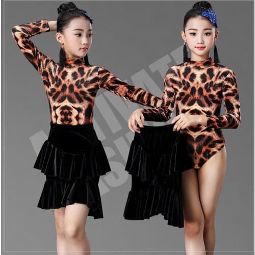New Children Latin Dance Dress 2020 Autumn Winter Long Sleeve Leopard Print Top Skirts Suit Competiton Performance Costumes
