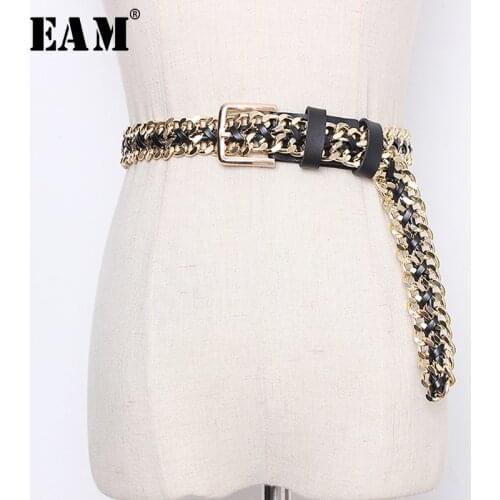 [EAM] Pu Leather Chain Split Joint Long Wide Temperament Belt Personality Women New Fashion Tide All-match Spring 2021 1N953