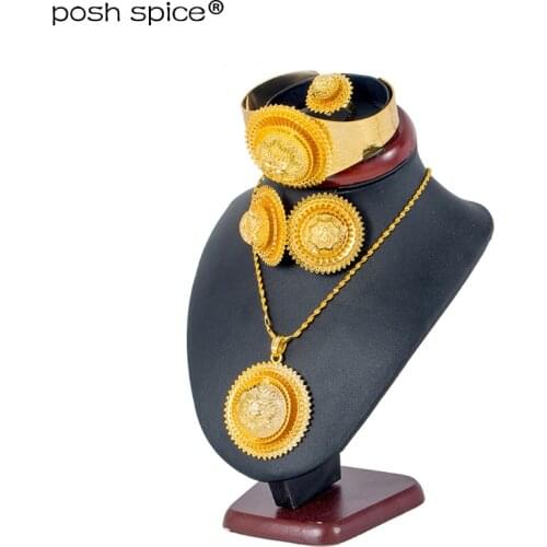 Ethiopian Jewelry sets Arabic Pendant Necklaces Earrings Ring Bangles for Womens Gold Color Eritrean African Wedding Bride Gifts