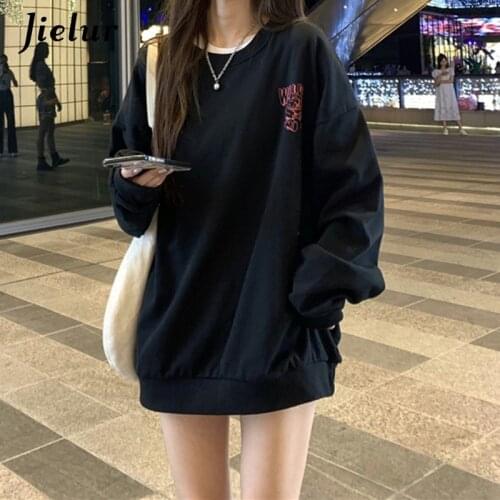 Jielur Harajuku Fashion Autumn Sweatshirt Simple Leisure Gray White Oversized Hoodie Female Loose Thin Letter Print Women Tops