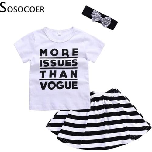 SOSOCOER Girls Clothing Set Baby Girl Clothes Summer Children Clothing T Shirt Striped Skirt with Headband Kids Clothes Outfits