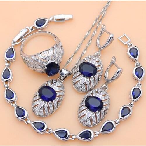 Bridal Silver 925 Jewelry Set Blue Natural Zircon Costume Jewelry Kits For Women Earrings/Pendant/Rings/Bracelet/Necklace Set