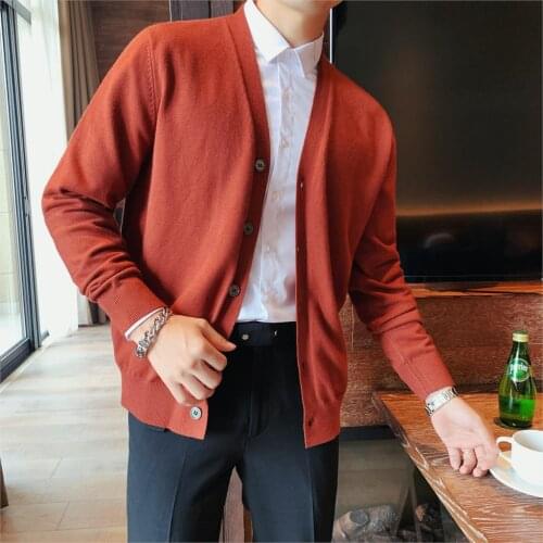 Korean Sweater Men Clothing Fashion 2021 Long Sleeve Cardigan Men Casual V Neck Single Breasted Knitted Sweaters for Men 3XL-M