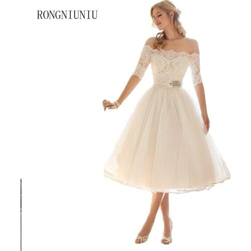 Short Wedding Dresses 2019 Bridal Gowns Embroidery Tea Length Vestidos De Novia Boat-neck Beaded Ball gown Plus Size