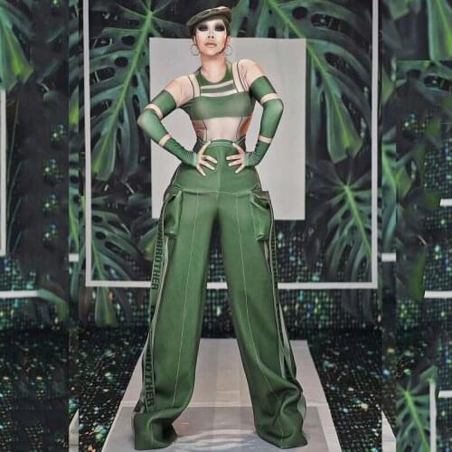 Bar Nightclub Beyonce Female Singer Costume National Day Festival Party Green Army Style Performance Dress Dance Costume VDB994