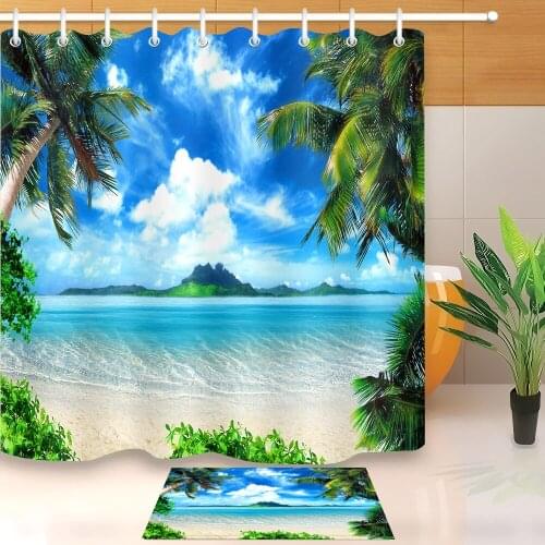 LB Tropical Beach Shower Curtains Ocean Themed Palm Leaves Seawater Coastal Island Beach Scene Shower Curtains for Summer 72x72