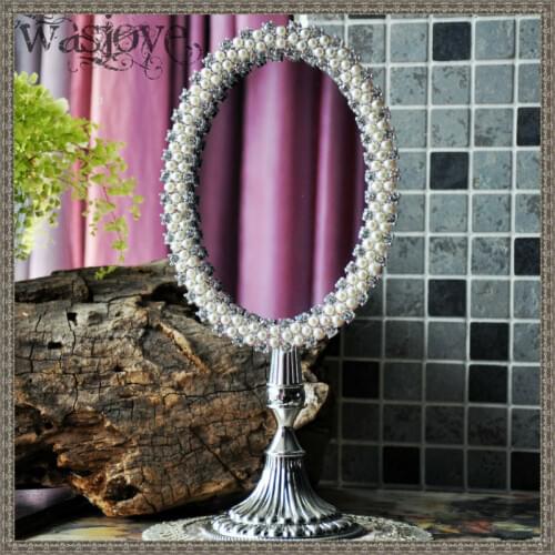 Vintage princess silver zinc alloy metal desktop makeup mirror dressing cosmetic mirror with pearl decorative desk set 468A