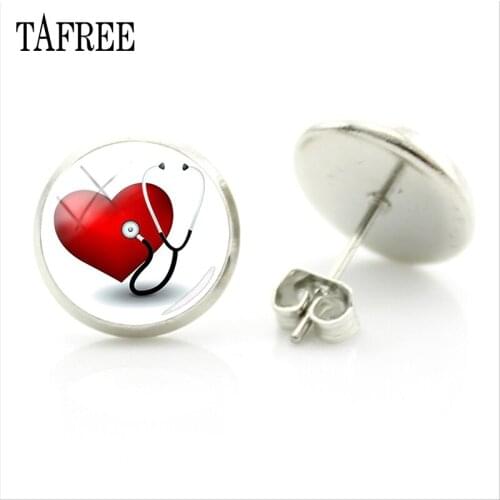 TAFREE New Glass Art Picture Stud Earrings Health Doctor Jewelry Fashion Earing For Women Glass Photo Cabochon Earing HL02