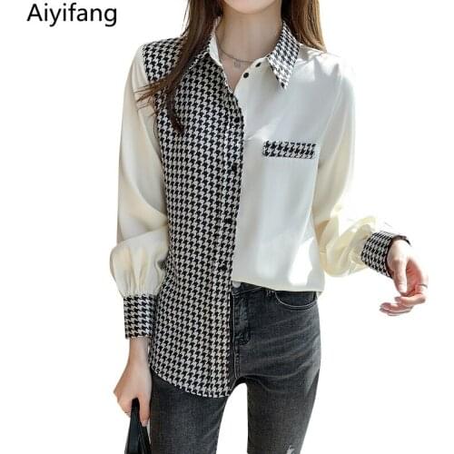 New Office Lady Spring Houndstooth Satin Blouse Womens Patchwork Long Sleeve Single-Breasted Shirts Plus Size Profession Tops