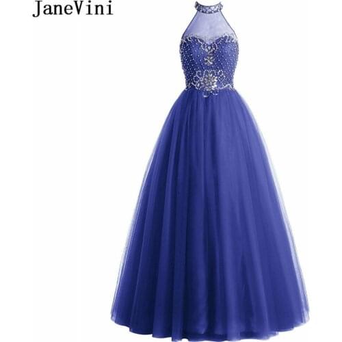 JaneVini Luxurious Sequined Beaded Long Bridesmaid Dresses A Line Halter Sheer Back Floor Length Royal Blue Tulle Prom Party Gow