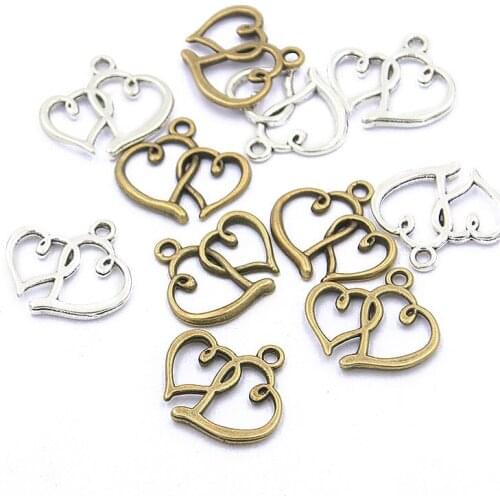 40pcs 17*18mm 2 Color Metal Zinc Alloy Double Heart Charms Fit Jewelry Pendant For DIY Necklace Bracelet Jewelry Making Findings