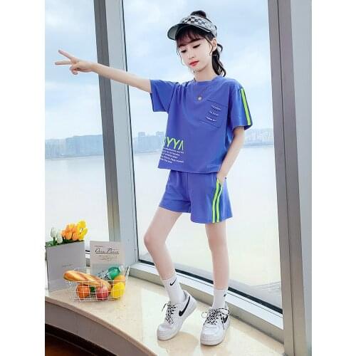 Girls Sports Suit 2021 New Summer Youth Children Leisure Suit Loose Shorts Running Sports 2PCS suit