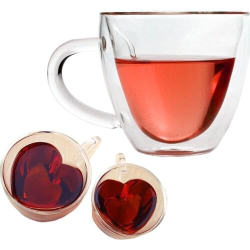 Love Heart Shaped Double Wall Glass Black Tea Cup Home Kitchen Office Milk Drinkware Tea Cups Coffee Cups Lover Wedding Gifts