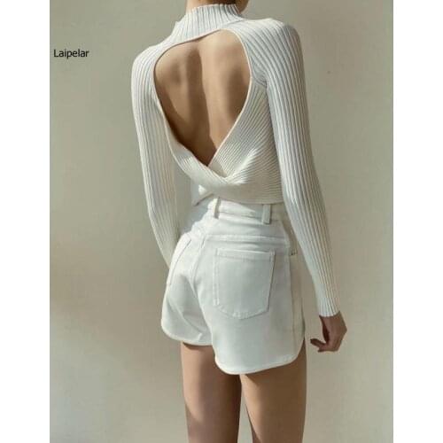 White Black Knot Sexy Open Back Medium High Neck Sweater T-Shirt Womens Elegant French Pullover