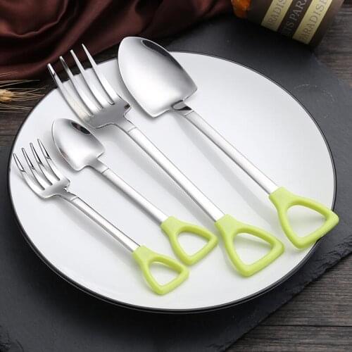 Creative Stainless Steel Spoon and Fork Shovel Shape Design fork spoon Long Handle Tableware LX7921