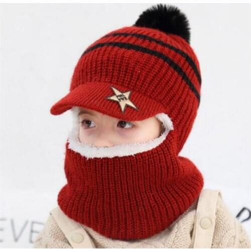 Girls Knit Short Plush Hooded Scarf Kids Hat And Scarf Child Winter Warm Protection Ear Pom Pom Cap Scarves Boy Accessories