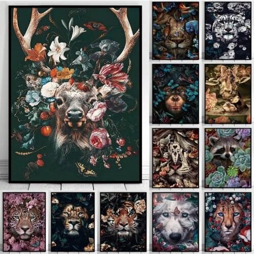 Garish Pastoral Flowers Animal Canvas Painting Prints Lion Tiger Deer Wall Decorative Posters Nordic Living Room Art Picture