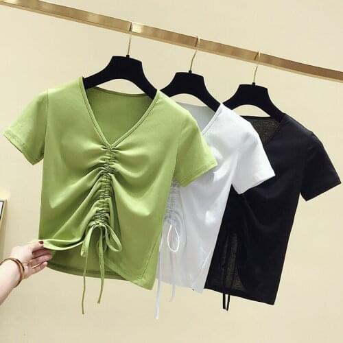Short TShirt Crop Tops Sexy V-Neck Basic Fold T shirt Summer Short Sleeve Cotton Lace Up Tee Shirt Femme Women Clothes green