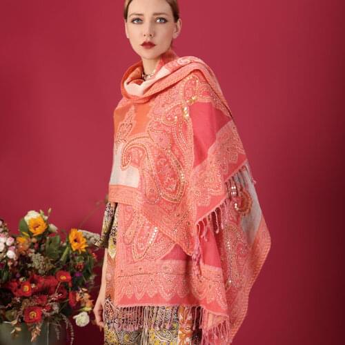 100% Merino Wool Scarf Women Pashmina Tassels 2020 ethnic style travel warm photo Nepal big shawl scarf handmade beading