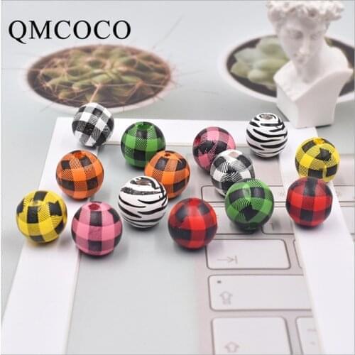 20Pcs Wooden Colorful Grid And Stripes Round Beads DIY Custom Natural Wood Beaded Environmentally Jewelry Baby Toys Accessories