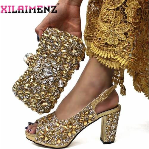 2019 Golden Color Sexy Women Party Shoes and Bag Set with Shinning Crytal Peep Toe Sandals Italian Ladies Matching Shoes and Bag