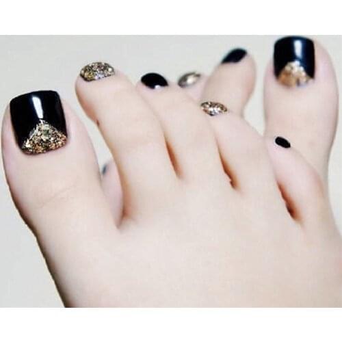 24pcs/box Shiny Glitter Gold Black Fake Foot Nails With Glue Sexy Girl Summer Wearable Full Cover Short press on toenails