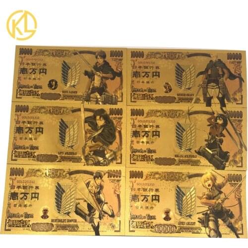6Designs Attack o-n Titan Gold Banknotes Hot Japanse Anime Ticket Cards for Collection