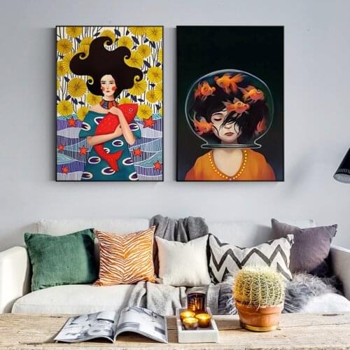 Abstract Watercolor Fish Girl Wall Art Canvas Painting Art Prints Nordic Poster Modern Wall Pictures For Living Room framed