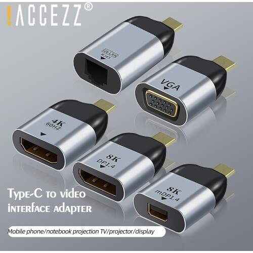 !ACCEZZ 8K USB C to HDMI-compatible VGA/DP/RJ45/Mini DP Video Adapter 4K 60Hz Cable For MacBook Pro Air Samsung Type C Converter