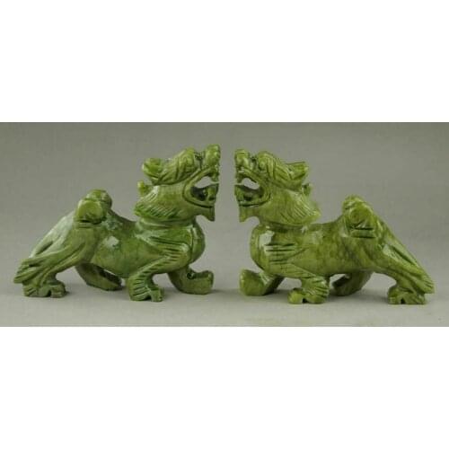 Exquisite Chinese Hand Carved Natural green Jade Dragon Pixiu Statue Pair