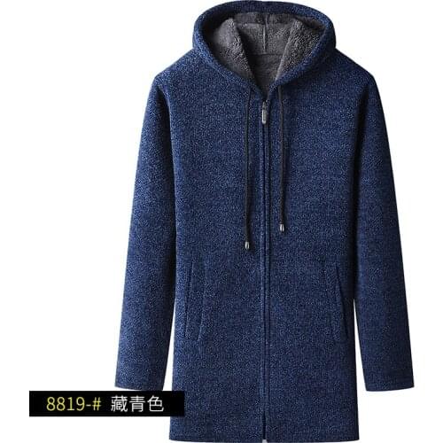 Korean Mens Fleece-lined Windbreaker Thick Long Trench Coat Solid Cardigan Casual Hooded Sweater Coats Male 5 Color M-4XL 6619