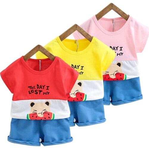 Cartoon Suit Infant Casual Clothes Summer Boy Watermelon Bear T-Shirt Tops Solid Color Shorts Set Toddler Baby Kid Active Outfit