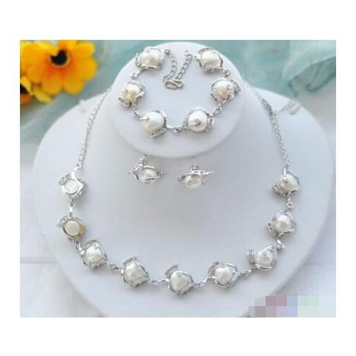 Prett Lovely Womens Wedding STF55 ED4 shipping>>SET white baroque freshwater pearl earring bracelet necklace p3694