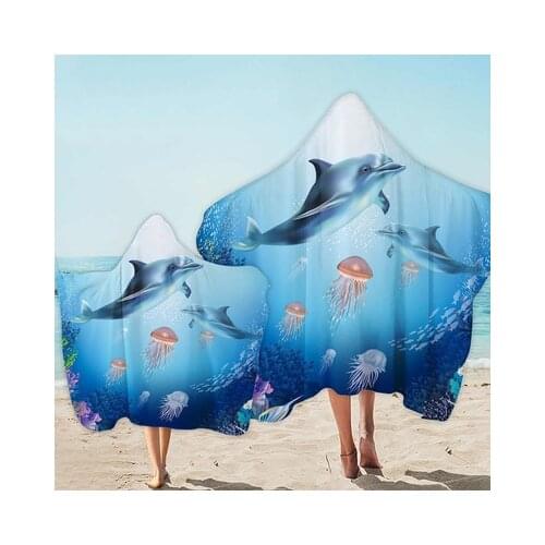 Cute Dolphin Pattern Microfiber Beach Poncho Towel For Adult Kid Soft Quick Drying Wearable Bath Cloak Blanket Outdoor Towels