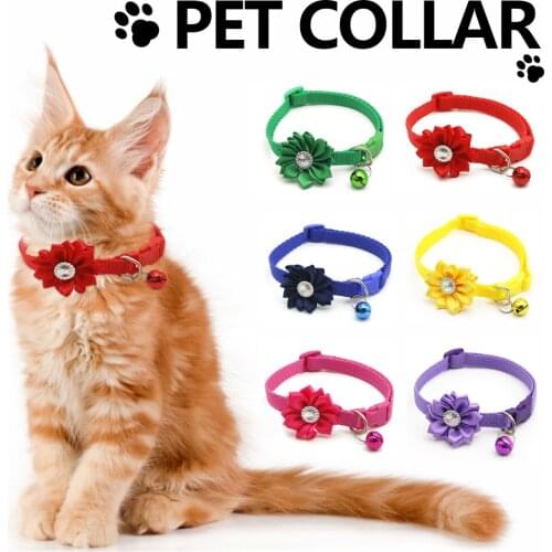 Fashion Adjustable Pet Collar Flower Bell Crystal Cat Collar Easy Wear Buckle Lovely Pets Decor Accessories Dogs Cats Necklace